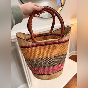 Handwoven African Market Basket Tote | Leather Handles | Colorful Stripe Design